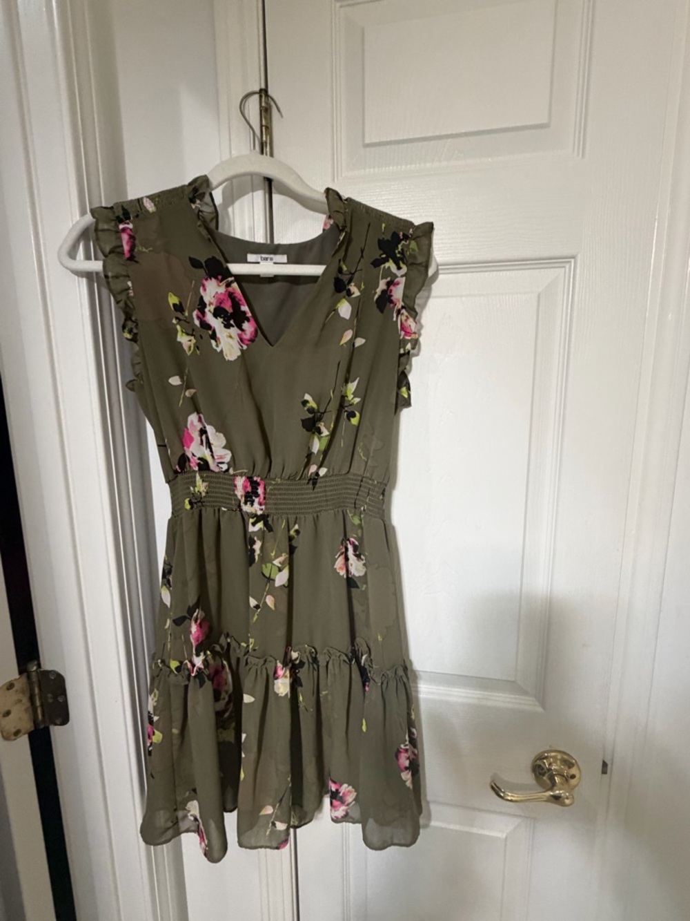 Bar III Olive Green Floral V-Neck Smocked Waist Mini Dress